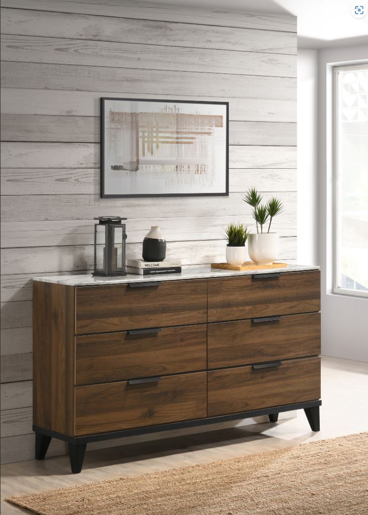 Mays 6-Drawer Dresser Walnut Brown With Faux Marble Top