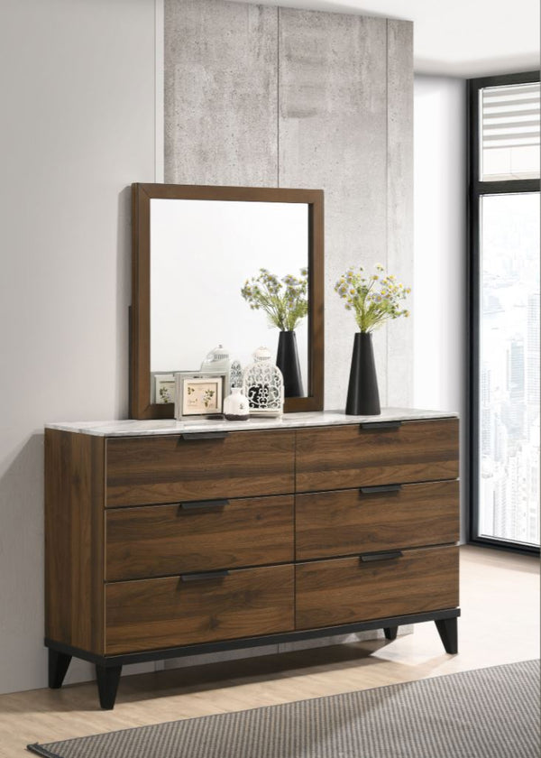 Mays 6-Drawer Dresser Walnut Brown With Faux Marble Top