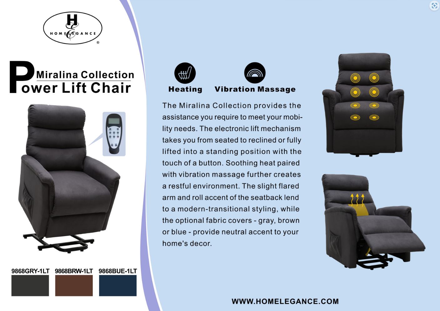 Miralina Power Lift Chair Massage Heat Blue Microsuede Otsukas