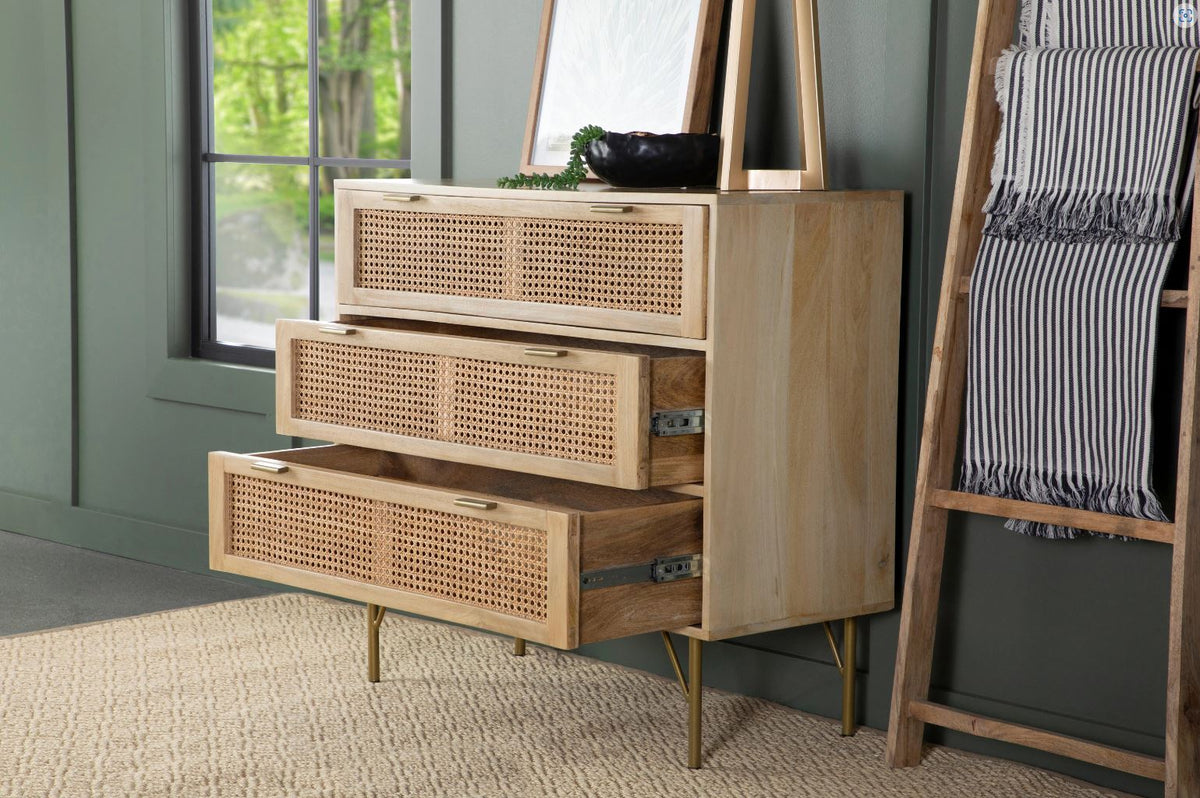 Zamora 3-Drawer Accent Cabinet Natural And Antique Brass